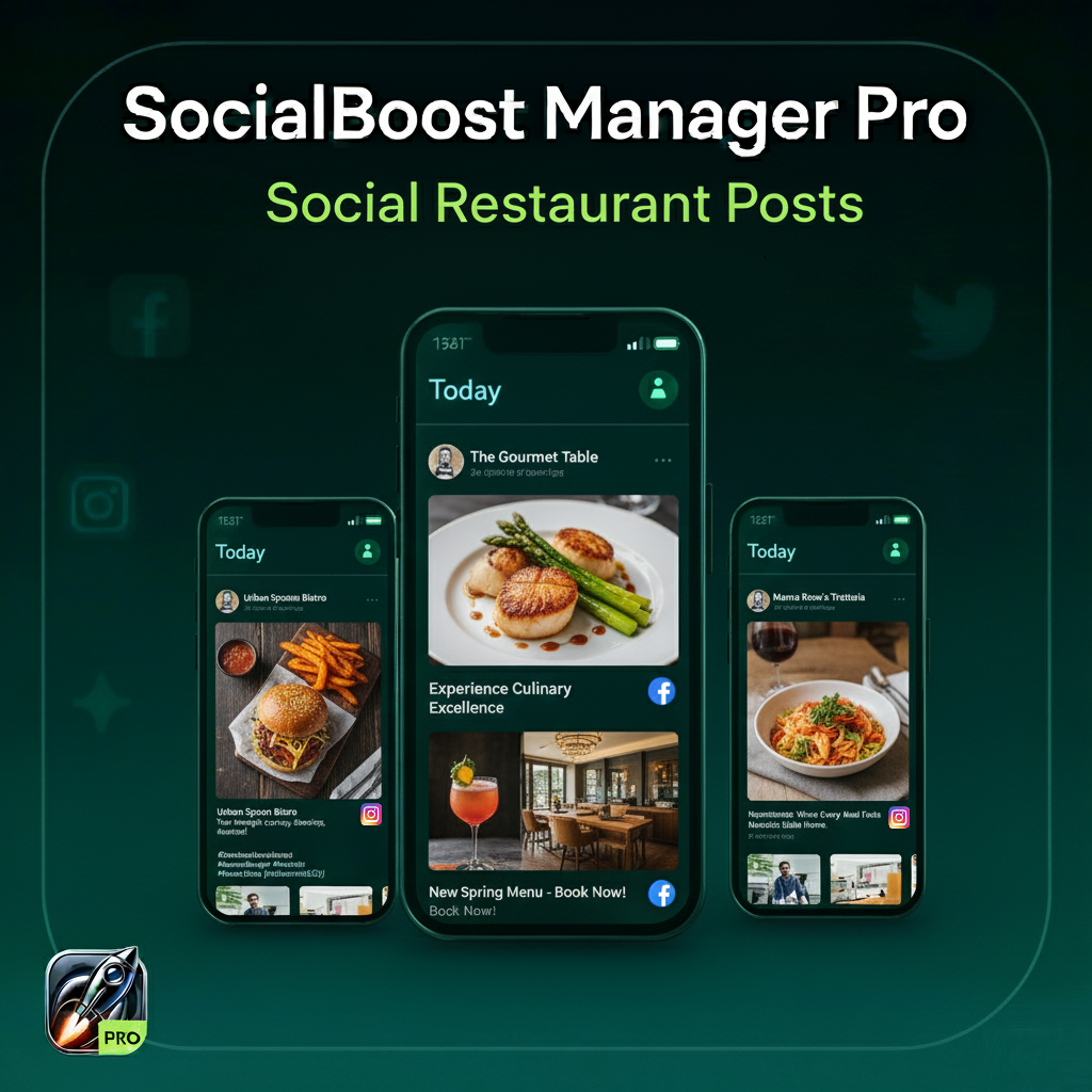SocialBoost Manager PRO Logo Restaurant Facebook Instagram Post Automation