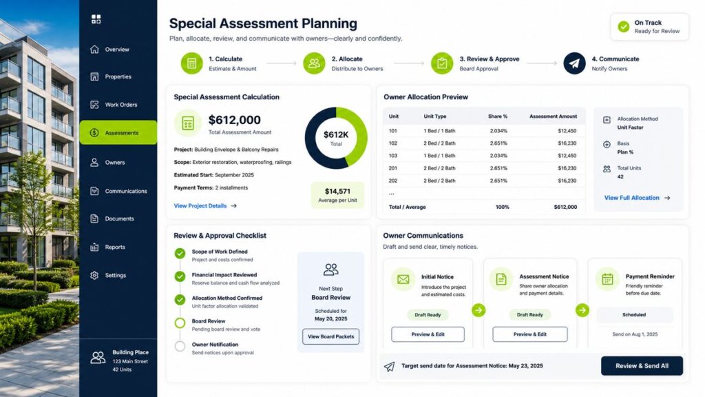 Condo Management AI special assessment planning dashboard with owner allocation review approval checklist and communication drafts