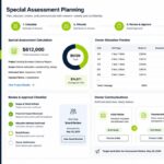 Condo Management AI special assessment planning dashboard with owner allocation review approval checklist and communication drafts